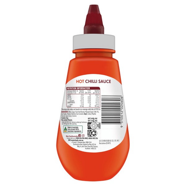 MasterFoods Hot Chilli Sauce Bottle 250ml