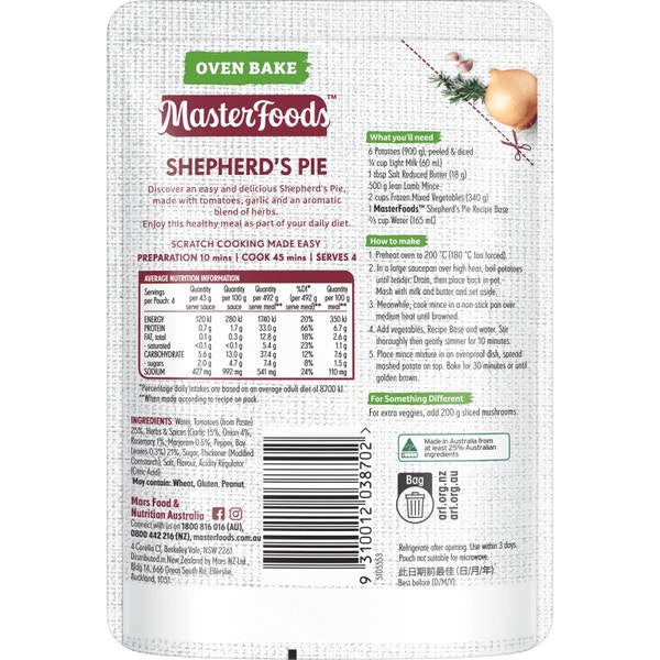 MasterFoods Shepherd's Pie Oven Bake Recipe Base 175g