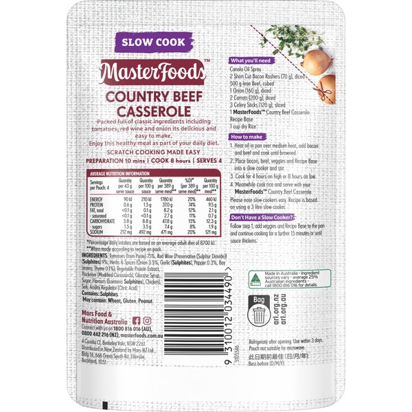 MasterFoods Country Beef Casserole Slow Cook Recipe Base 175g