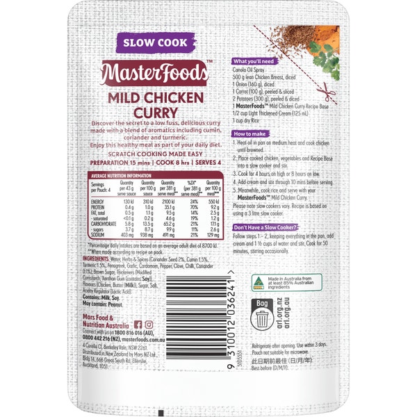 MasterFoods Mild Chicken Curry Slow Cook Recipe Base 175g