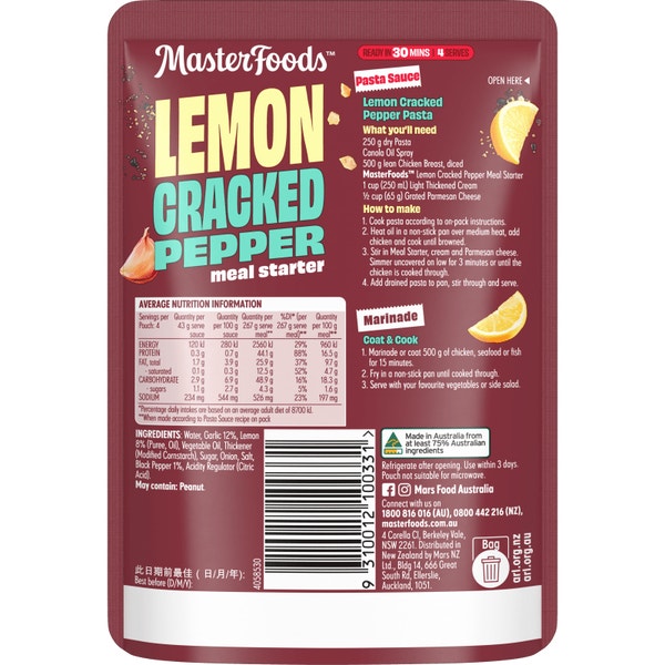 MasterFoods™ Lemon Cracked Pepper Pasta Sauce or Marinade 175g