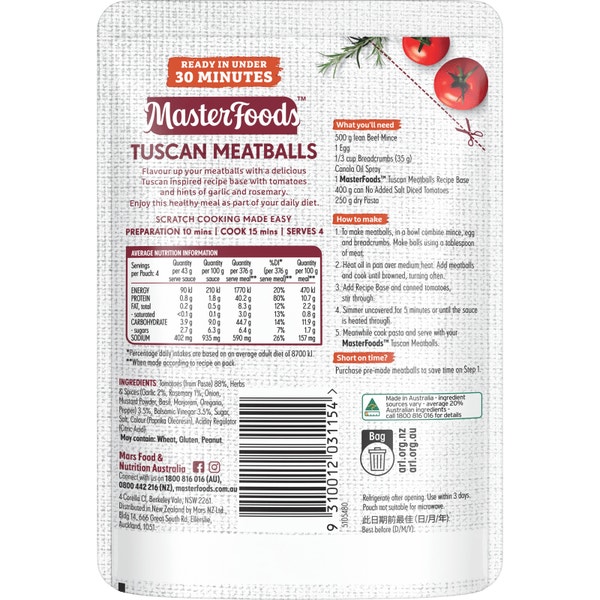 Masterfoods Tuscan Meatballs Recipe Base 175g