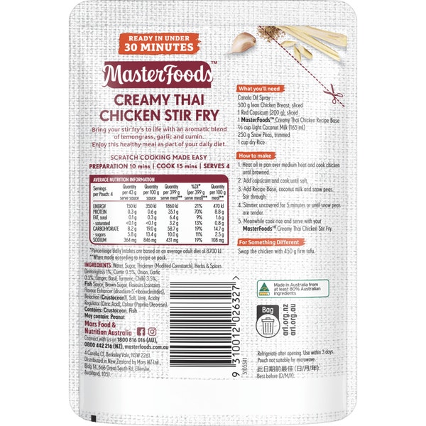 MasterFoods Creamy Thai Chicken Stir Fry Recipe Base 175g