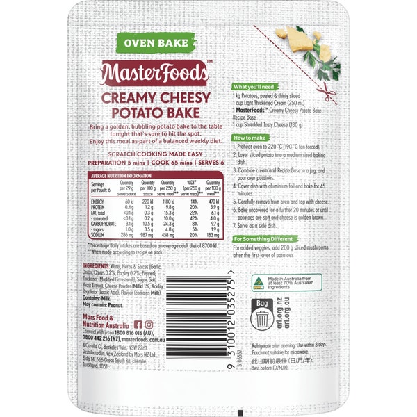MasterFoods Creamy Cheesy Potato Oven Bake Recipe Base 175g