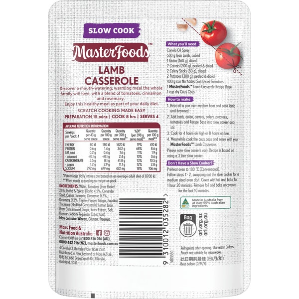 MasterFoods Lamb Casserole Slow Cook Recipe Base 175g